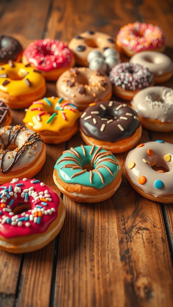 A variety of creatively decorated donuts on a wooden table, showcasing different flavors and colors.